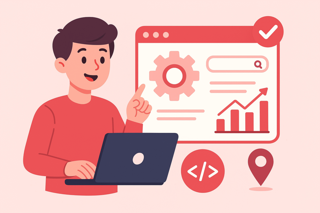 Illustration of a digital marketer analyzing SEO strategies such as keyword research, backlinking