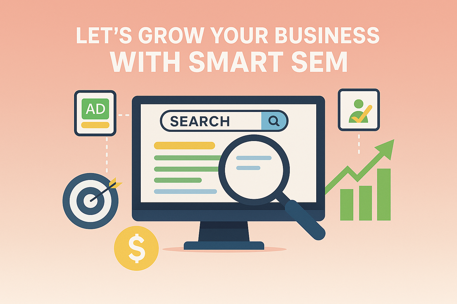Illustration of smart SEM strategy with computer screen showing a search bar, magnifying glass, growth chart, and ad targeting icons on a peach gradient background.