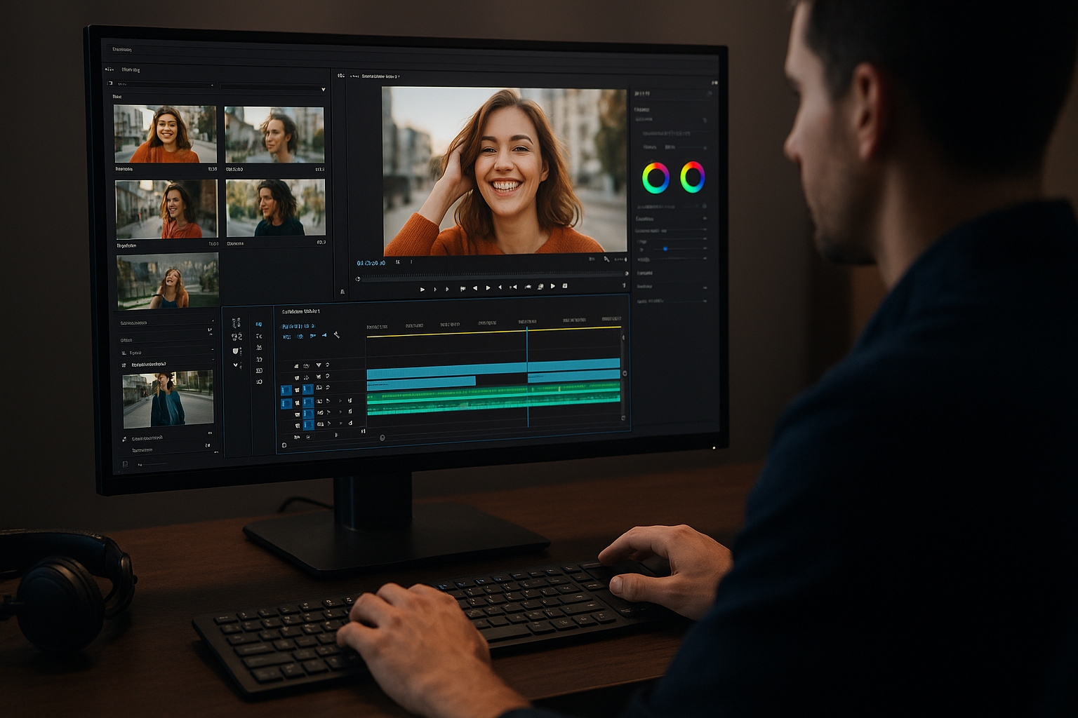 Professional video editor working on a project using editing software, enhancing visuals and colour grading for high-quality digital content creation