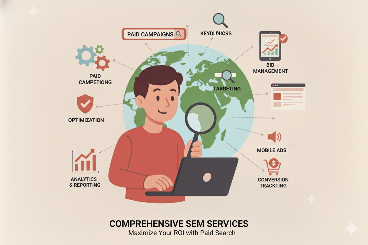 Illustration of Search Engine Marketing concept showing a person using a laptop with global targeting, bid management, analytics, and paid campaigns icons around the world map.