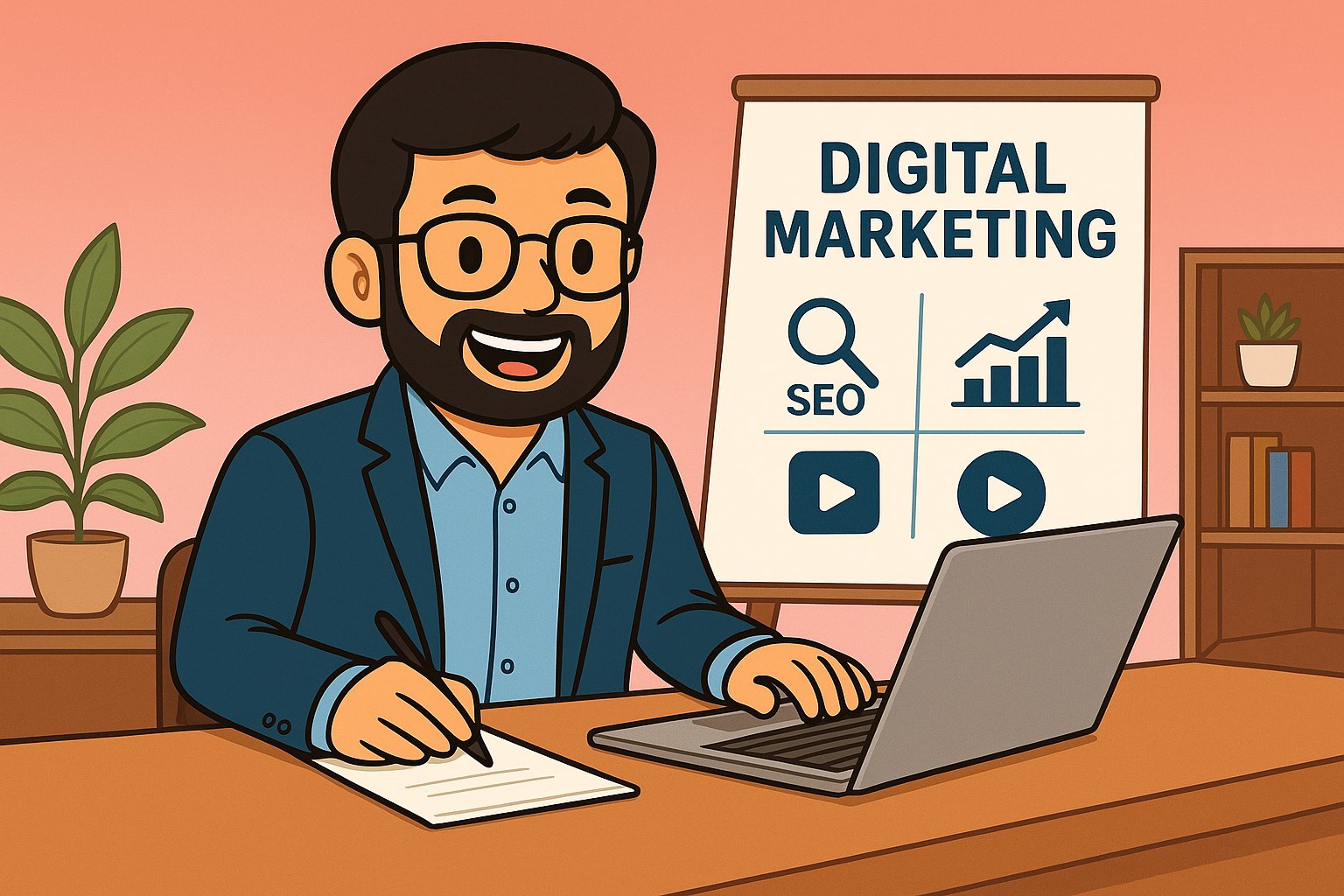 Illustration of a digital marketing professional working on a laptop with a presentation board showing SEO, analytics, and video marketing icons