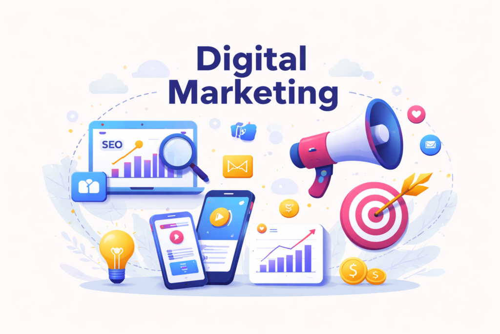 “Flat illustration of digital marketing with SEO analytics, smartphone apps, megaphone, target board, and growth charts.”